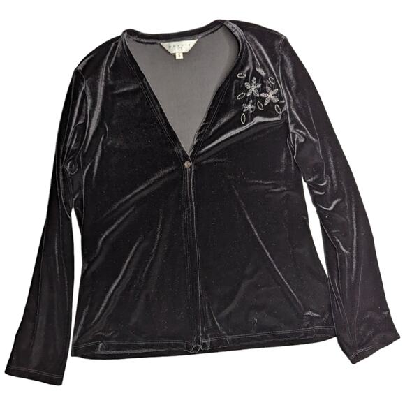 Vtg 1990s Outfit JPR Black Velvet Single Button Floral Embroidered Cardigan S - Picture 1 of 5